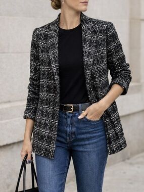 Nanette Lepore Tweed Plaid Blazer Black White Open Front | Chanel Style | Size M